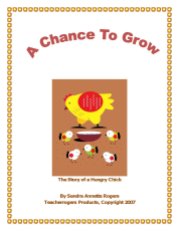 Cover page of story titled, A Chance To Grow, with a hen and 5 chicks eating feed